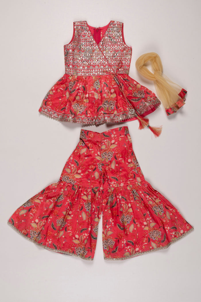 The Nesavu Girls Sharara / Plazo Set Floral Fusion Kurti with Gharara Pant Set for Girls in Radiant Red Nesavu Red Floral Kurti & Gharara Set for Girls | Festive & Traditional Kids Attire | The Nesavu