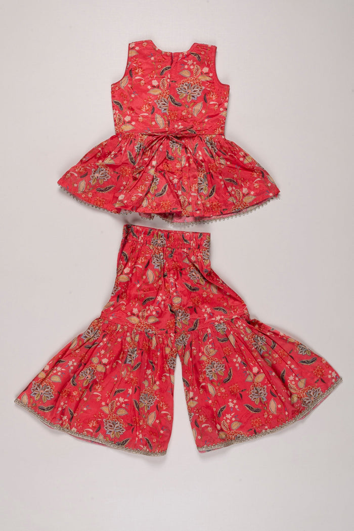 The Nesavu Girls Sharara / Plazo Set Floral Fusion Kurti with Gharara Pant Set for Girls in Radiant Red Nesavu Red Floral Kurti & Gharara Set for Girls | Festive & Traditional Kids Attire | The Nesavu