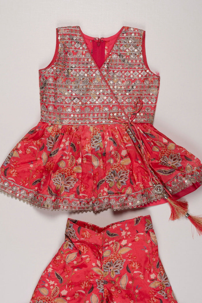 The Nesavu Girls Sharara / Plazo Set Floral Fusion Kurti with Gharara Pant Set for Girls in Radiant Red Nesavu Red Floral Kurti & Gharara Set for Girls | Festive & Traditional Kids Attire | The Nesavu