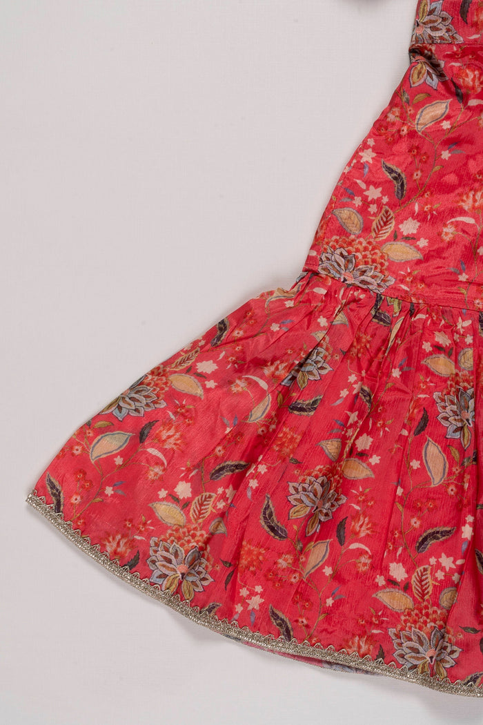 The Nesavu Girls Sharara / Plazo Set Floral Fusion Kurti with Gharara Pant Set for Girls in Radiant Red Nesavu Red Floral Kurti & Gharara Set for Girls | Festive & Traditional Kids Attire | The Nesavu