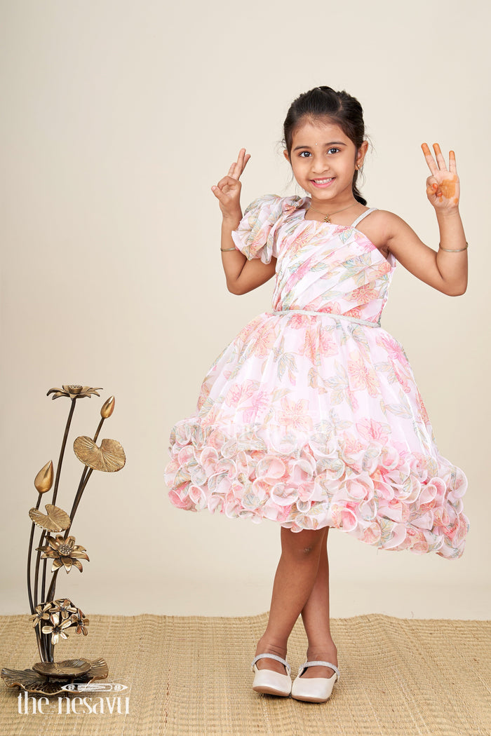 The Nesavu Girls Fancy Party Frock Floral Pink Baby Girl Frock Organza Ruffle Party Dress For Birthdays And Photoshoots Nesavu 16 (1Y) / Pink PF261C-16 Nesavu Floral Pink Baby Girl Frock Organza Ruffle Party Dress Birthdays Photoshoots