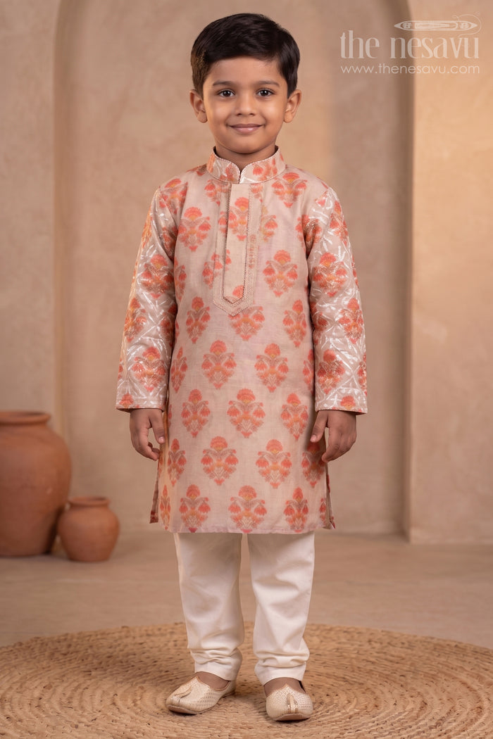The Nesavu Boys Kurtha Set Floral Printed Semi Silk Cotton Kurta for Baby Boys Nesavu 12 (3M) / Orange / Chanderi BES143-12 Buy Latest Ethnic Kurta For Boys | The Nesavu