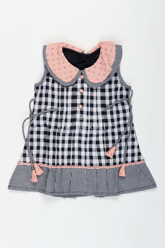 The Nesavu Girls Cotton Frock Formal Party Frock for Kids Classic Checkered Style Nesavu 14 (6M) / Black BFJ813A-14 Nesavu Kids Formal Party Frock Black White Gingham Pink Embroidered Collar Tassel Accents