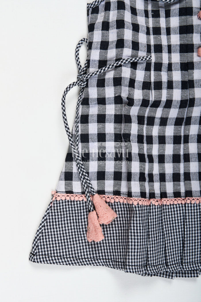 The Nesavu Girls Cotton Frock Formal Party Frock for Kids Classic Checkered Style Nesavu Nesavu Kids Formal Party Frock Black White Gingham Pink Embroidered Collar Tassel Accents