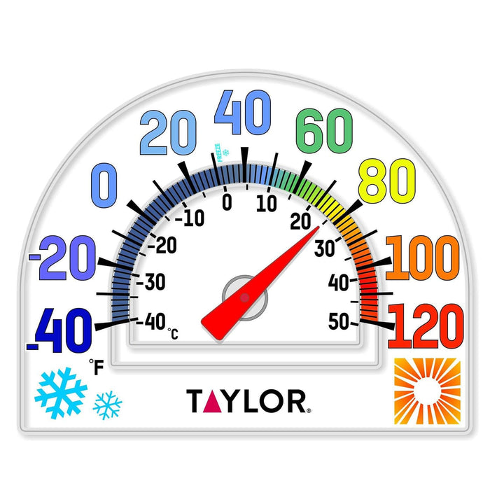 Four Seasons cling thermometer with multicolored temperature scale on a white surface