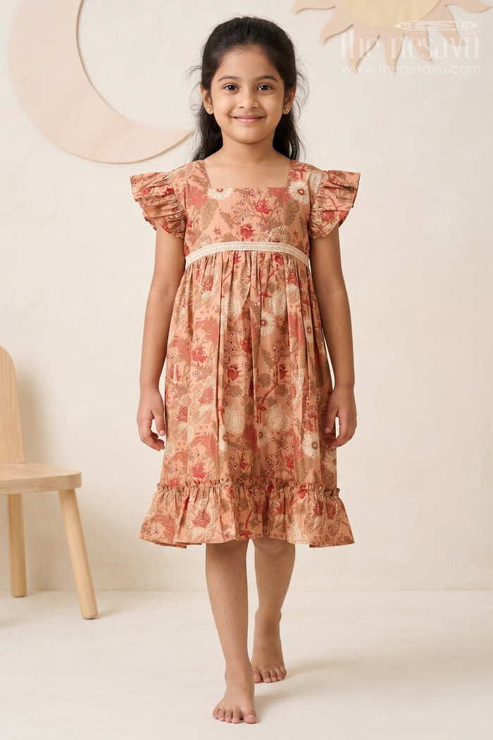 The Nesavu Girls Cotton Frock Frills Frock for Girls in Warm Beige Floral Print with Lace Detailing Nesavu 16 (1Y) / Beige GFC1590B-16 Beige Floral Frills Frock Girls Ruffled Hem Lace Detailing | The Nesavu