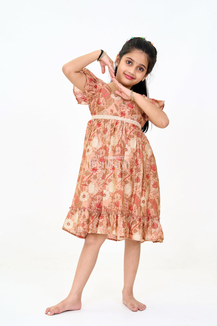 The Nesavu Girls Cotton Frock Frills Frock for Girls in Warm Beige Floral Print with Lace Detailing Nesavu Nesavu Beige Floral Frills Frock Girls Ruffled Hem Lace Detailing