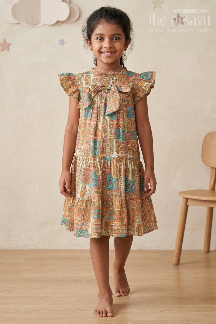 The Nesavu Girls Cotton Frock Frock Dresses for Girls in Pure Cotton with Multicolor Ethnic Digital Print and Ruffle Details Nesavu 18 (2Y) / Green GFC1700A-18 Frock Dresses Girls Cotton Multicolor Patch Digital Print Ethnic Flair | The Nesavu