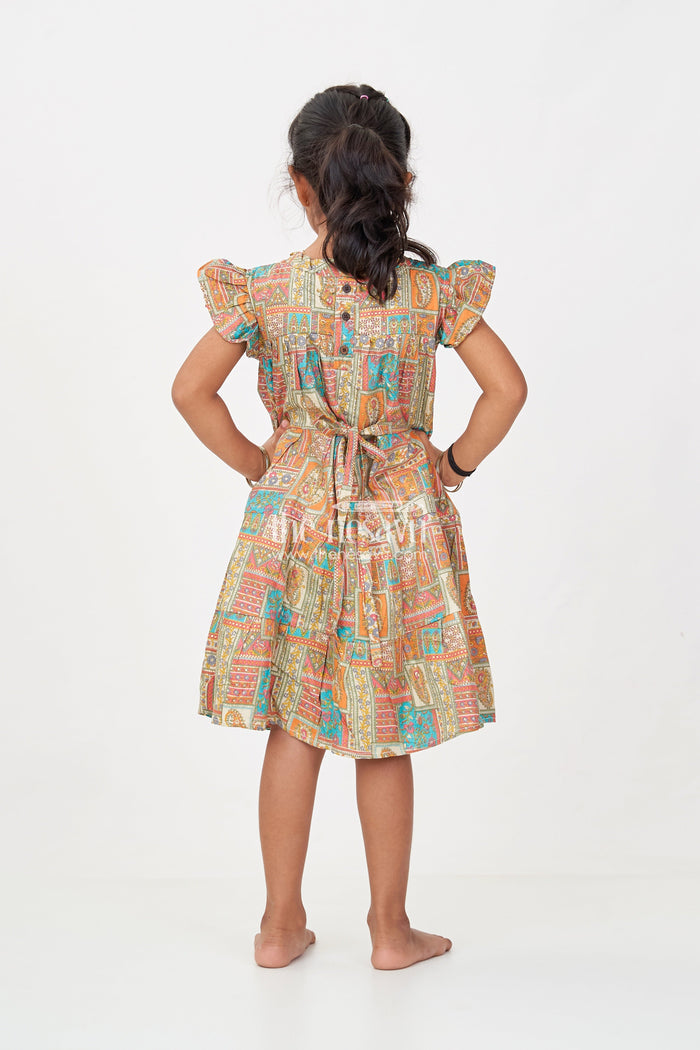 The Nesavu Girls Cotton Frock Frock Dresses for Girls in Pure Cotton with Multicolor Ethnic Digital Print and Ruffle Details Nesavu Nesavu Frock Dresses Girls Cotton Multicolor Patch Digital Print Ethnic Flair