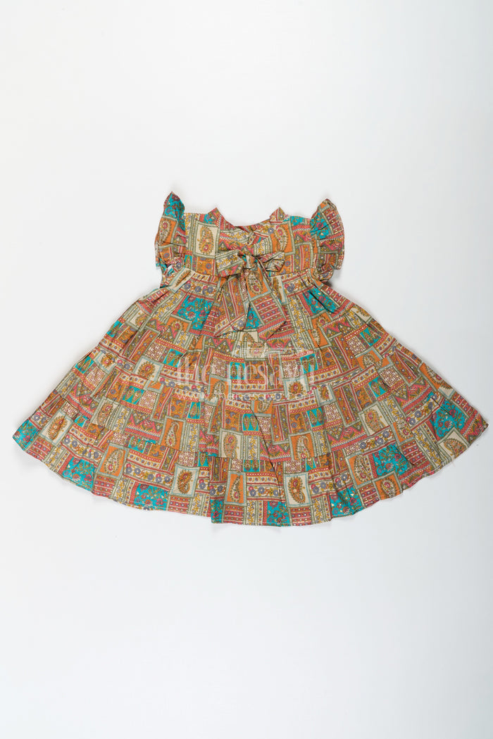 The Nesavu Girls Cotton Frock Frock Dresses for Girls in Pure Cotton with Multicolor Ethnic Digital Print and Ruffle Details Nesavu Nesavu Frock Dresses Girls Cotton Multicolor Patch Digital Print Ethnic Flair
