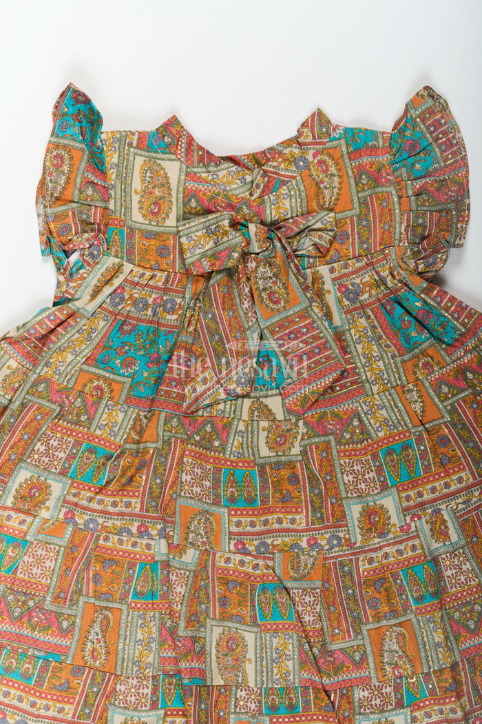 The Nesavu Girls Cotton Frock Frock Dresses for Girls in Pure Cotton with Multicolor Ethnic Digital Print and Ruffle Details Nesavu Nesavu Frock Dresses Girls Cotton Multicolor Patch Digital Print Ethnic Flair