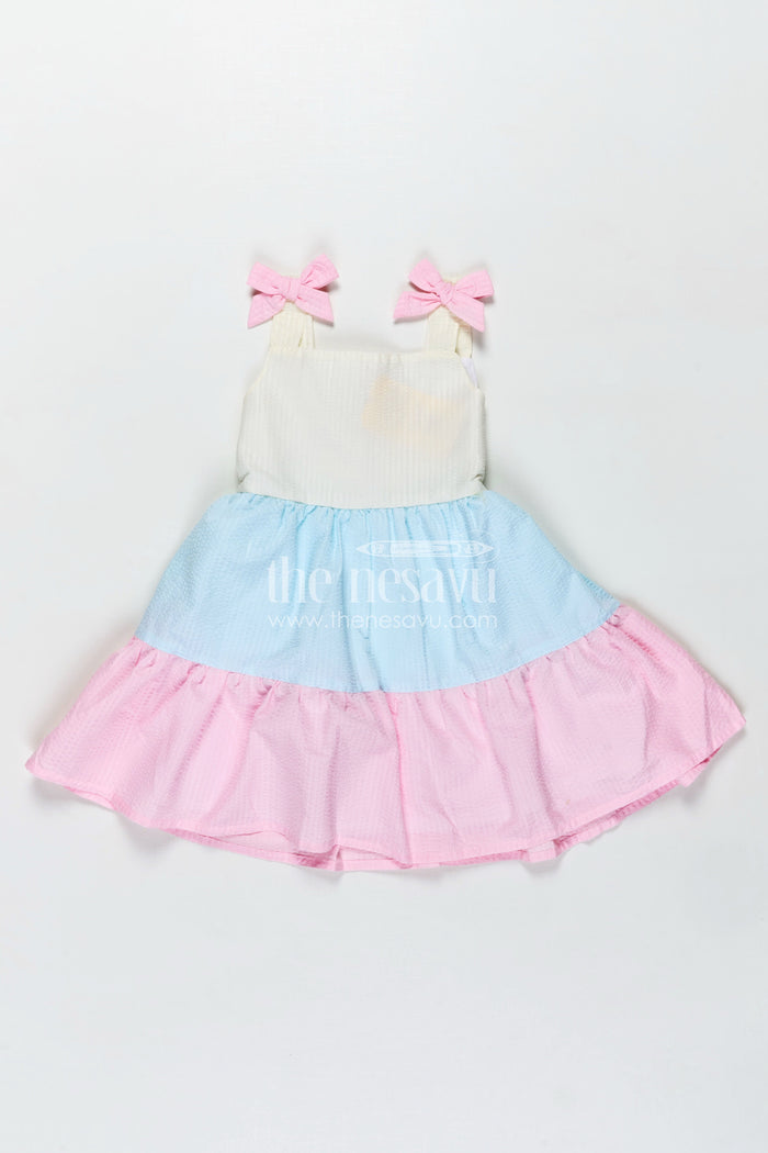 The Nesavu Baby Cotton Frocks Frock for Infants Tiered Cotton Sleeveless Dress in Pastel Color Blocks with Bow Accents Nesavu 16 (1Y) / Multicolor BFJ745C-16 Nesavu Frock Infants Cotton Tier Dress Pastel Color Blocks Shoulder Bows Flared Design