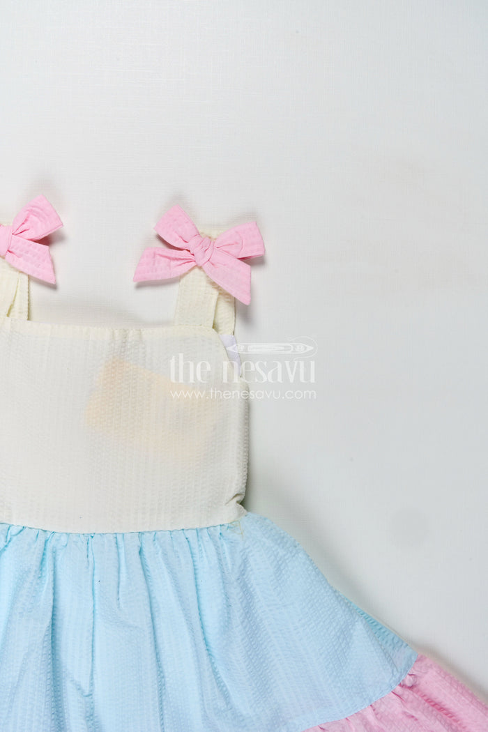 The Nesavu Baby Cotton Frocks Frock for Infants Tiered Cotton Sleeveless Dress in Pastel Color Blocks with Bow Accents Nesavu Nesavu Frock Infants Cotton Tier Dress Pastel Color Blocks Shoulder Bows Flared Design
