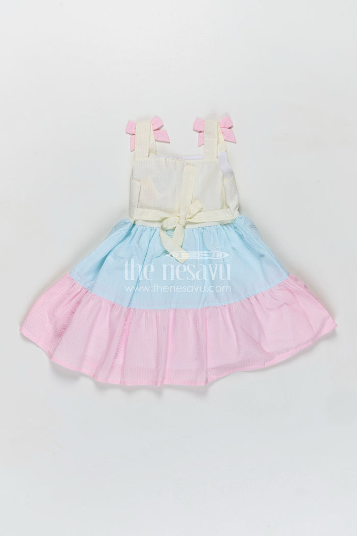 The Nesavu Baby Cotton Frocks Frock for Infants Tiered Cotton Sleeveless Dress in Pastel Color Blocks with Bow Accents Nesavu Nesavu Frock Infants Cotton Tier Dress Pastel Color Blocks Shoulder Bows Flared Design