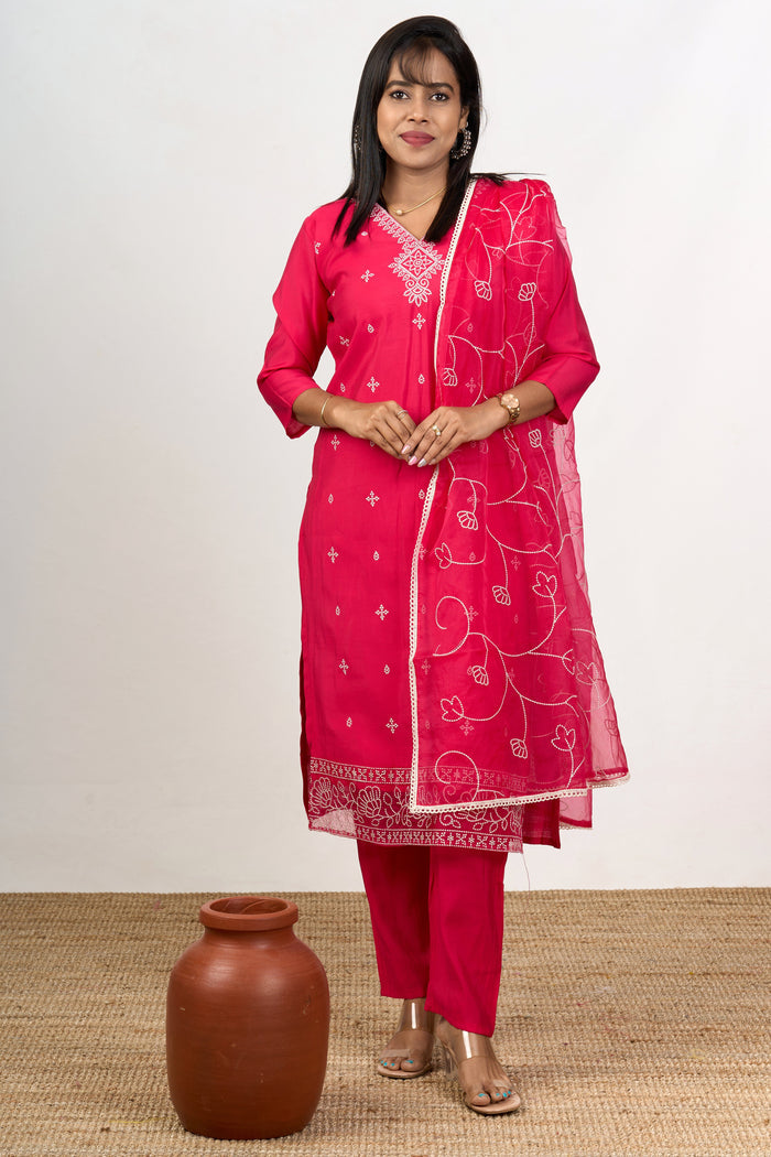 The Nesavu Womens Straight Suit Sets Function Wear Kurtas Womens Straight Suit Set in Blend Silk with Elegant Floral Detailing Nesavu 38 (M) / Pink WTH072B-38 Function Wear Kurtas Womens Blend Silk Straight Suit Set Floral Embroidery | The Nesavu