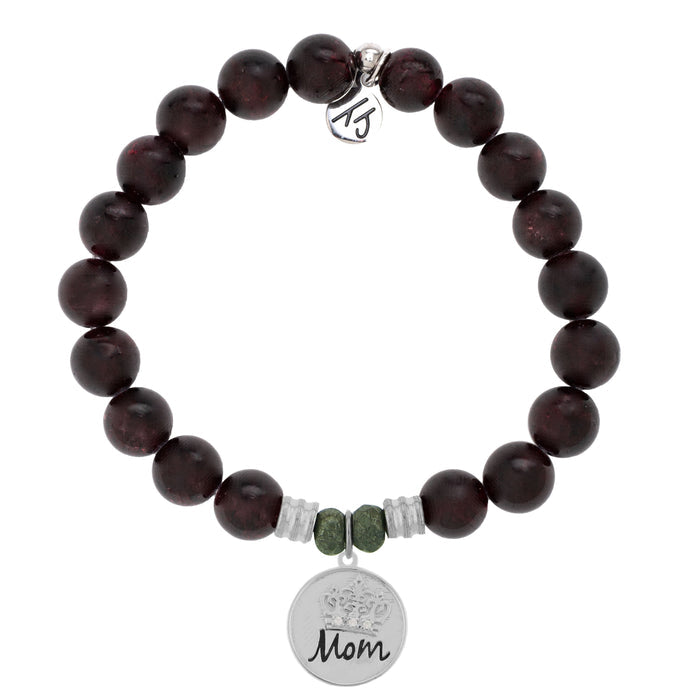 Garnet Stone Bracelet with Mom Crown Sterling Silver Charm