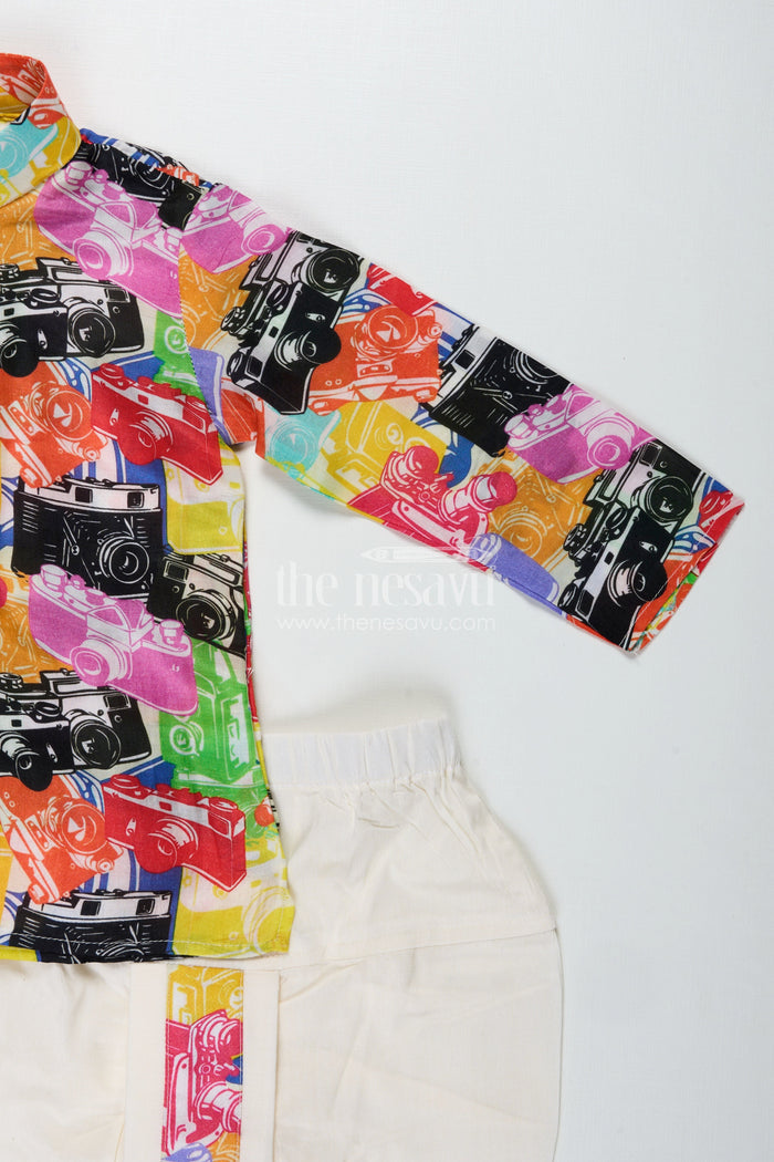 The Nesavu Boys Dothi Set Gentleman Print Dhoti Set for Boys Festive Kurta Outfit Nesavu Nesavu Boys Muslin Silk Dhoti Set Multicolor Retro Print Wedding Ceremonies