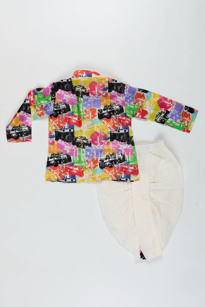 The Nesavu Boys Dothi Set Gentleman Print Dhoti Set for Boys Festive Kurta Outfit Nesavu Nesavu Boys Muslin Silk Dhoti Set Multicolor Retro Print Wedding Ceremonies