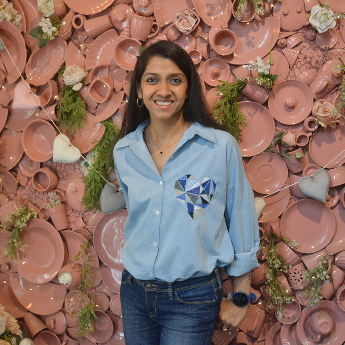 Geometric Heart Embroidered Denim Women Shirt (Adults)