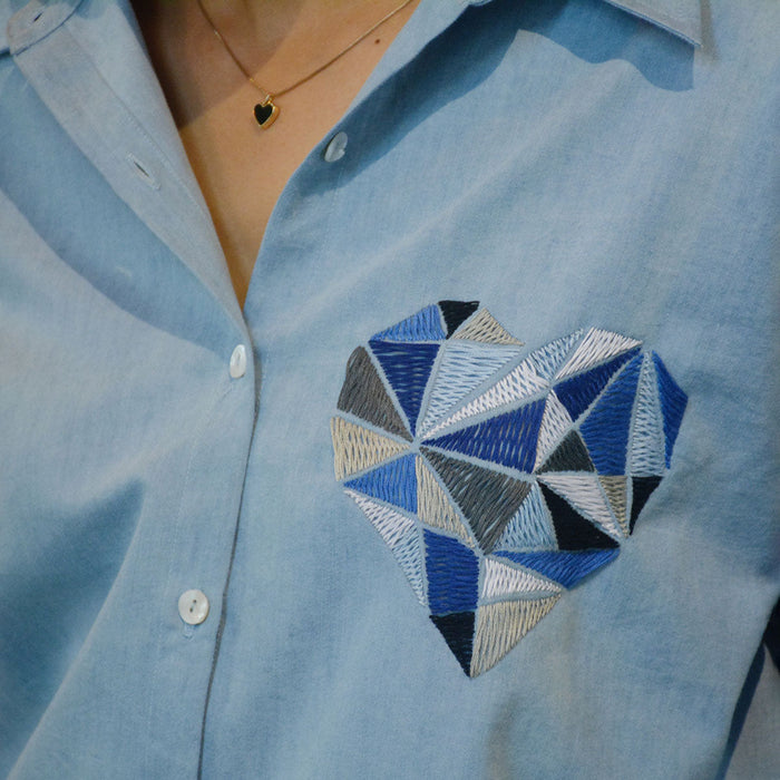 Geometric Heart Embroidered Denim Women Shirt (Adults)