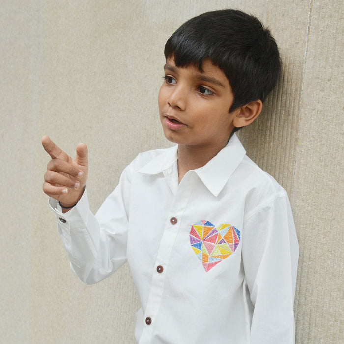 Geometric Heart Embroidered Shirt - White (1-14 Years)