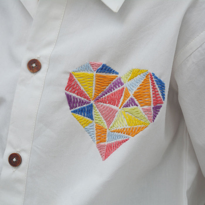 Geometric Heart Embroidered Shirt - White (1-14 Years)