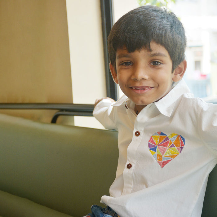 Geometric Heart Embroidered Shirt - White (1-14 Years)