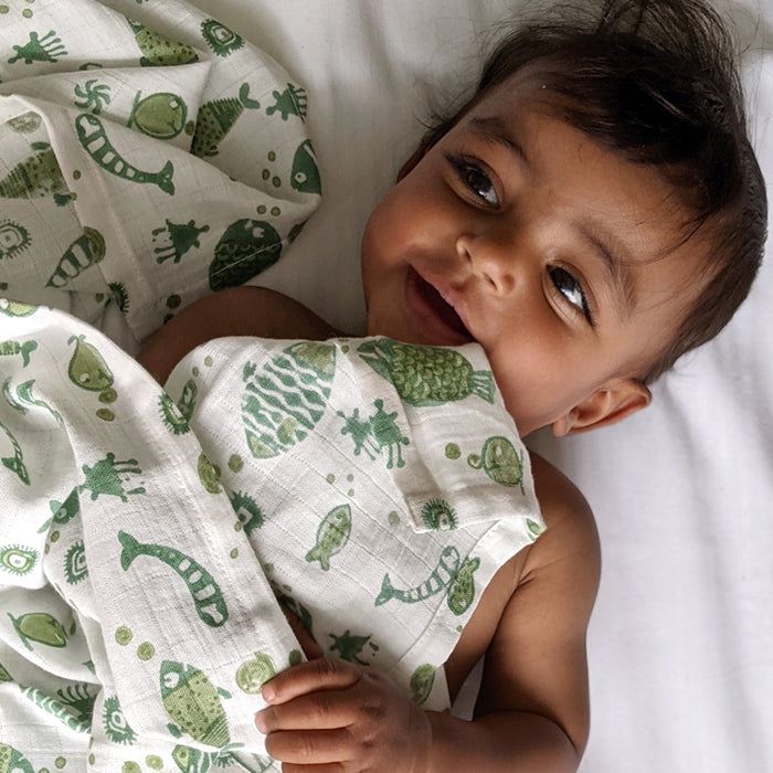 GIFT SET - ORGANIC FISH PRINT KAPOK PILLOW + SWADDLE (0-6 Months)