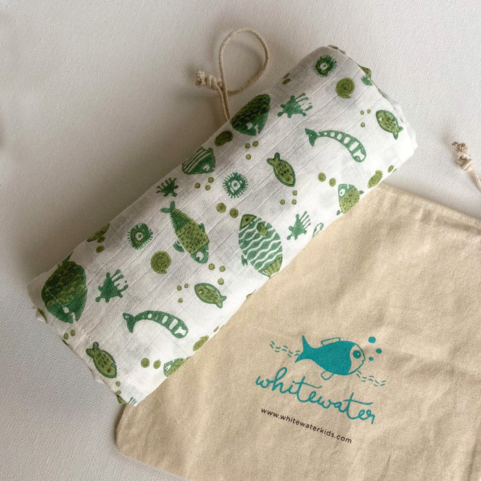 GIFT SET - ORGANIC FISH PRINT KAPOK PILLOW + SWADDLE (0-6 Months)