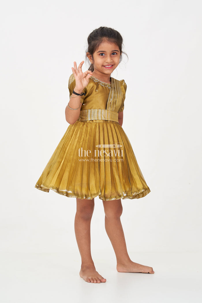 The Nesavu Silk Party Frock Girl Birthday Frock in Olive Tissue Blend Silk with Sequin Embellishments and Matching Dupatta Nesavu 16 (1Y) / Green SF989A-16 Nesavu Girl Birthday Frock in Olive Tissue Silk with Sequins and Matching Dupatta for Traditional Glam