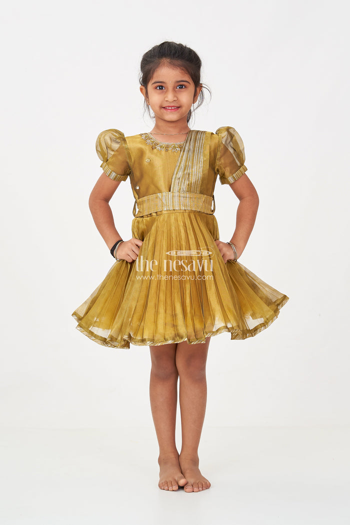 The Nesavu Silk Party Frock Girl Birthday Frock in Olive Tissue Blend Silk with Sequin Embellishments and Matching Dupatta Nesavu Nesavu Girl Birthday Frock in Olive Tissue Silk with Sequins and Matching Dupatta for Traditional Glam