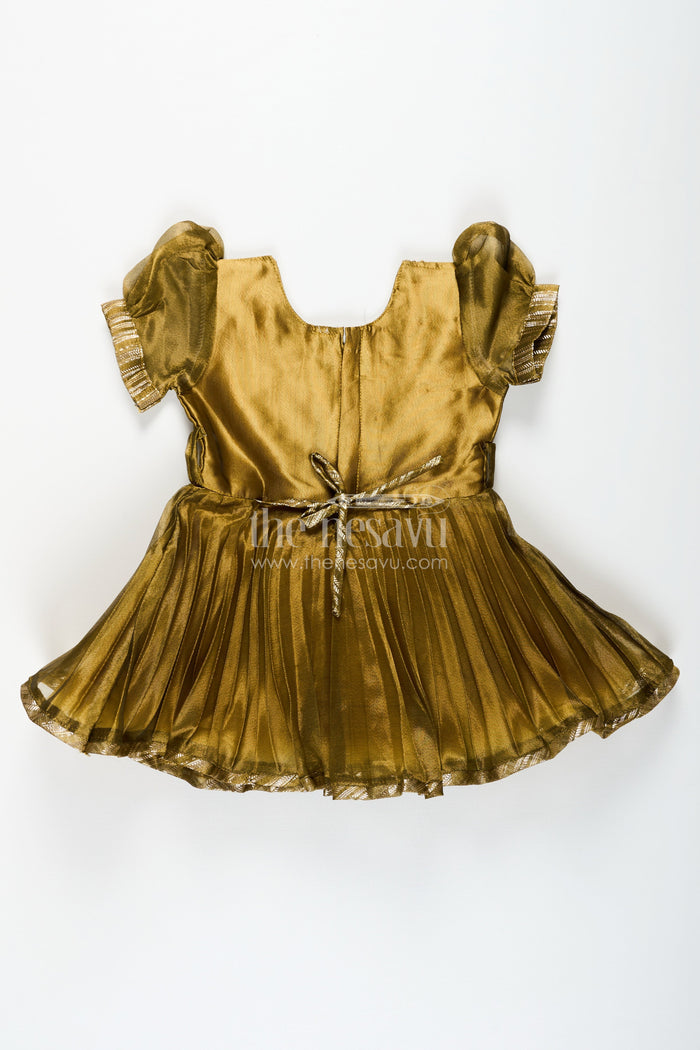 The Nesavu Silk Party Frock Girl Birthday Frock in Olive Tissue Blend Silk with Sequin Embellishments and Matching Dupatta Nesavu Nesavu Girl Birthday Frock in Olive Tissue Silk with Sequins and Matching Dupatta for Traditional Glam