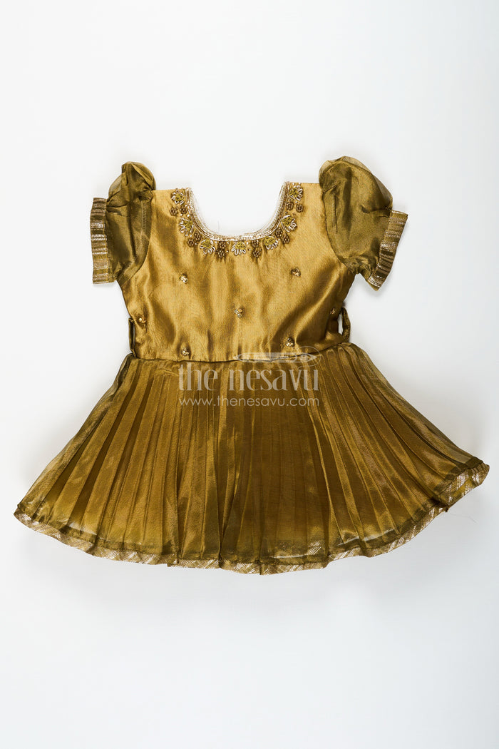 The Nesavu Silk Party Frock Girl Birthday Frock in Olive Tissue Blend Silk with Sequin Embellishments and Matching Dupatta Nesavu Nesavu Girl Birthday Frock in Olive Tissue Silk with Sequins and Matching Dupatta for Traditional Glam