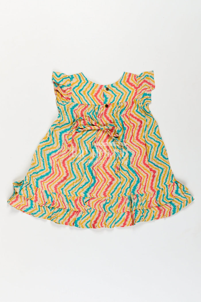 The Nesavu Girls Fancy Frock Girls Aesthetic Frock Design in Modal Silk with Multicolor Zigzag Print and Classic Ruffle Trims Nesavu Nesavu Girls Aesthetic Frock Design Modal Silk Zigzag Print Ruffle Sleeves