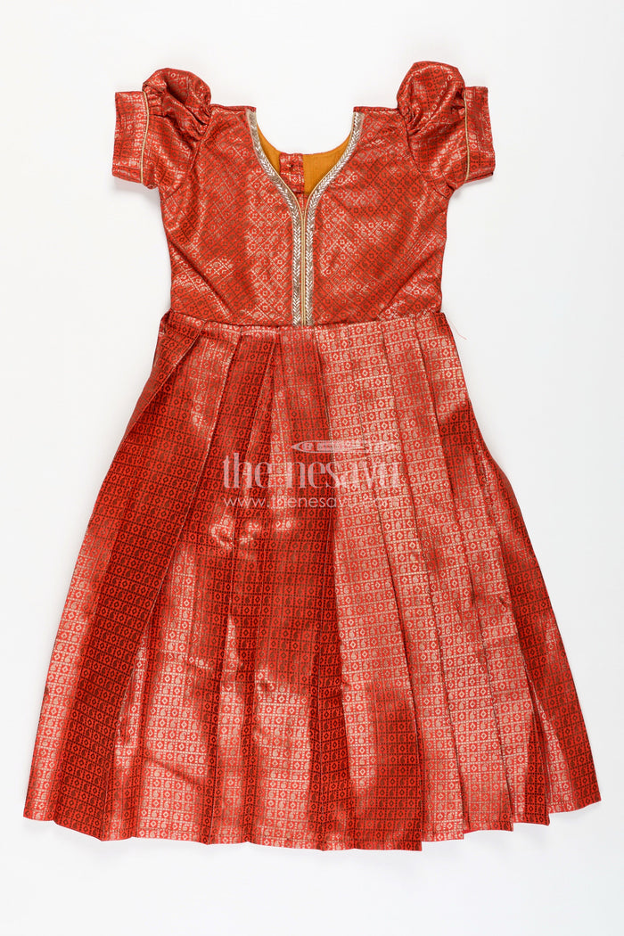 The Nesavu Girls Silk Gown Girls Anarkali Dress Design in Semi Banaras Silk with Rust Orange Zari Brocade and Flared Box Pleats Nesavu Nesavu Girls Anarkali Dress Design Rust Orange Semi Banaras Silk Golden Zari Pleated Skirt
