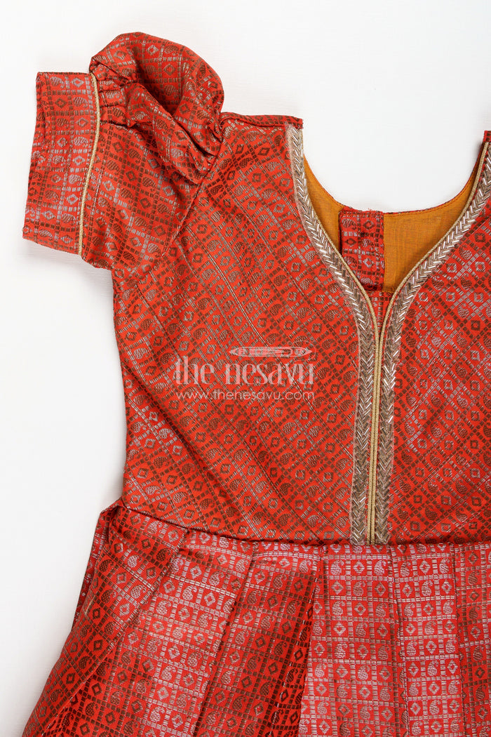 The Nesavu Girls Silk Gown Girls Anarkali Dress Design in Semi Banaras Silk with Rust Orange Zari Brocade and Flared Box Pleats Nesavu Nesavu Girls Anarkali Dress Design Rust Orange Semi Banaras Silk Golden Zari Pleated Skirt