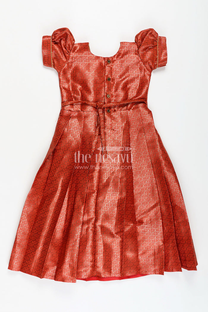 The Nesavu Girls Silk Gown Girls Anarkali Dress Design in Semi Banaras Silk with Rust Orange Zari Brocade and Flared Box Pleats Nesavu Nesavu Girls Anarkali Dress Design Rust Orange Semi Banaras Silk Golden Zari Pleated Skirt
