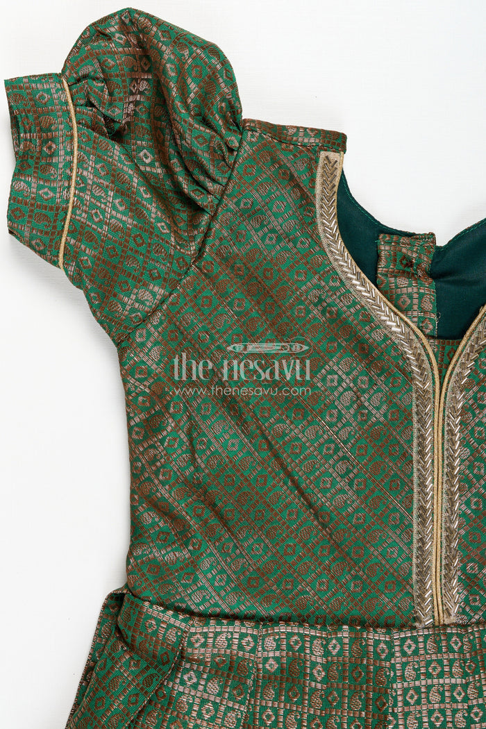 The Nesavu Girls Silk Gown Girls Anarkali Gown Designs in Semi Banaras Silk with Rich Green Zari Weave and Flared Pleated Skirt Nesavu Nesavu Girls Anarkali Gown Designs Green Semi Banaras Silk Flared Zari Pleated Skirt