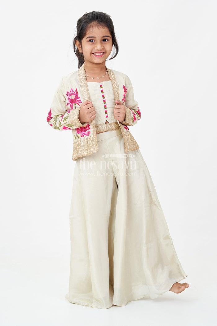 The Nesavu Girls Sharara / Plazo Set Girls Beige Dress Party Dress Set with Floral Designer Jacket and Flowing Palazzo Pants Nesavu Girls Beige Party Dress Set Floral Embroidered Jacket Palazzo Pants | The Nesavu