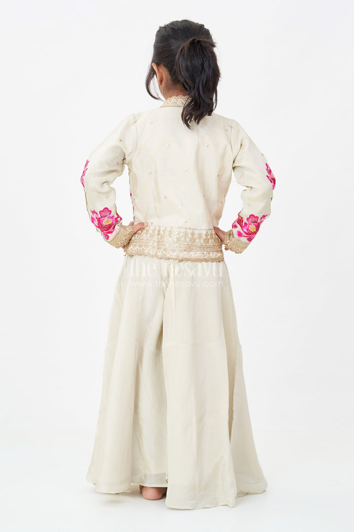The Nesavu Girls Sharara / Plazo Set Girls Beige Dress Party Dress Set with Floral Designer Jacket and Flowing Palazzo Pants Nesavu Girls Beige Party Dress Set Floral Embroidered Jacket Palazzo Pants | The Nesavu