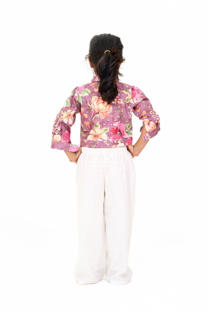The Nesavu Girls Sharara / Plazo Set Girls Beige Jumpsuit with Floral Jacket – Trendy Festive Outfit for Girls Nesavu Girls Beige Jumpsuit Floral Jacket Nesavu Festive New Dress Stylish Girls