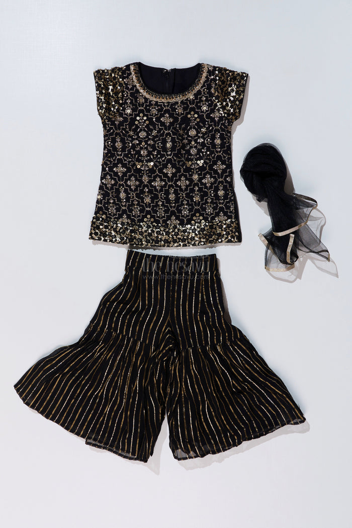 The Nesavu Girls Sharara / Plazo Set Girls Black Kurti Plazo Set with Sequined Embroidery and Tissue Silk Dupatta for Festive Occasions Nesavu Nesavu Girls Black Kurti Plazo Set Sequined Embroidery Tissue Silk Dupatta Festive Wear