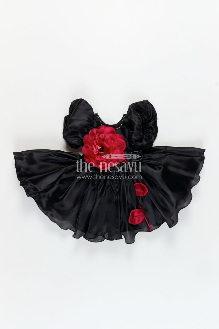 The Nesavu Girls Fancy Party Frock Girls Black Satin frock ke design new with Puffy Sleeves and Red Floral Accent for Stylish Comfort Nesavu Nesavu Girls Black Satin Puff Sleeve Dress Red Flower Detail frock ke design new Style