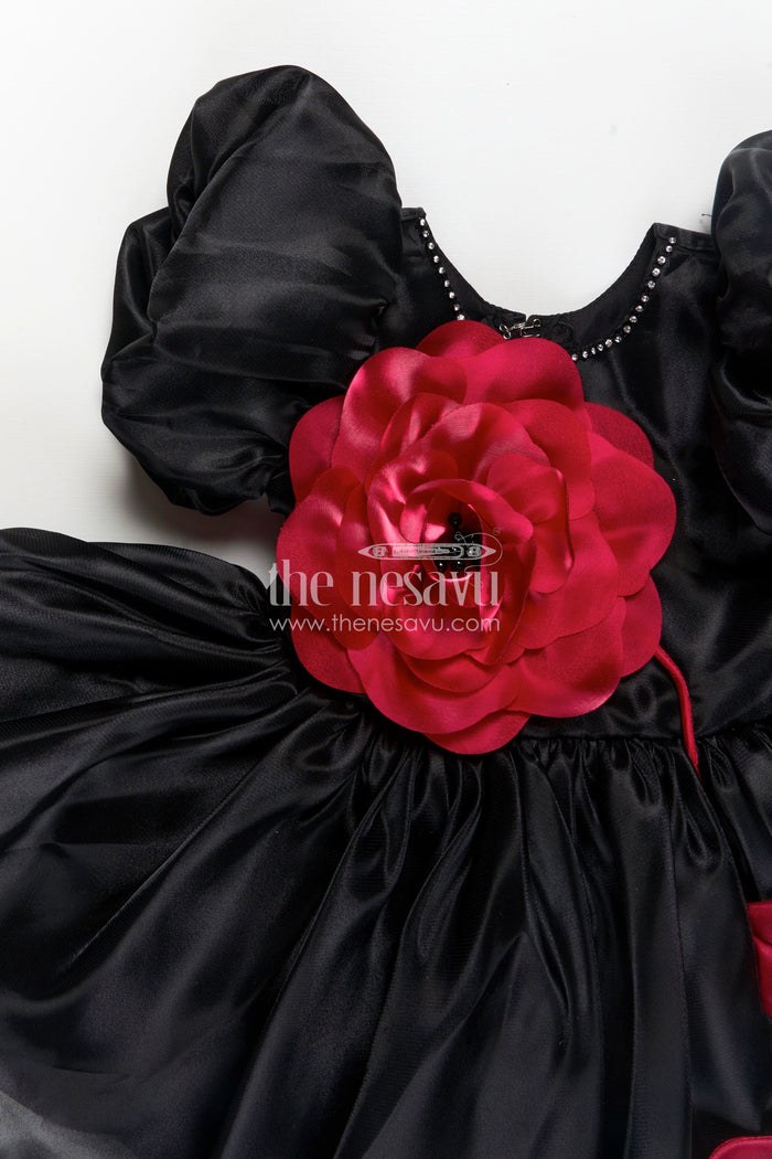 The Nesavu Girls Fancy Party Frock Girls Black Satin frock ke design new with Puffy Sleeves and Red Floral Accent for Stylish Comfort Nesavu Nesavu Girls Black Satin Puff Sleeve Dress Red Flower Detail frock ke design new Style