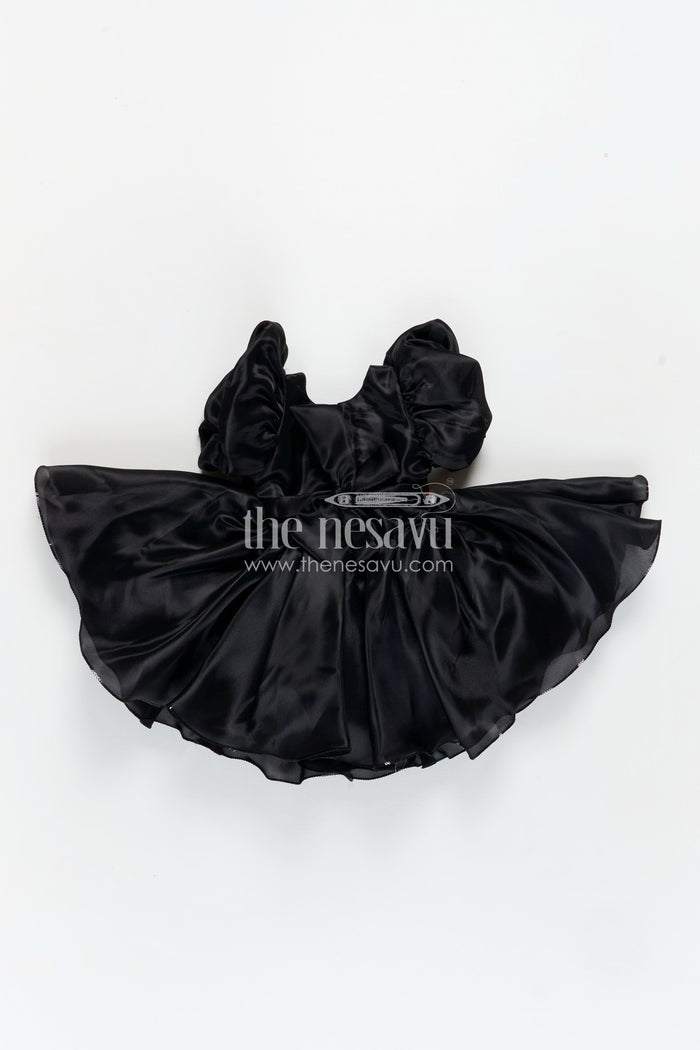 The Nesavu Girls Fancy Party Frock Girls Black Satin frock ke design new with Puffy Sleeves and Red Floral Accent for Stylish Comfort Nesavu Nesavu Girls Black Satin Puff Sleeve Dress Red Flower Detail frock ke design new Style
