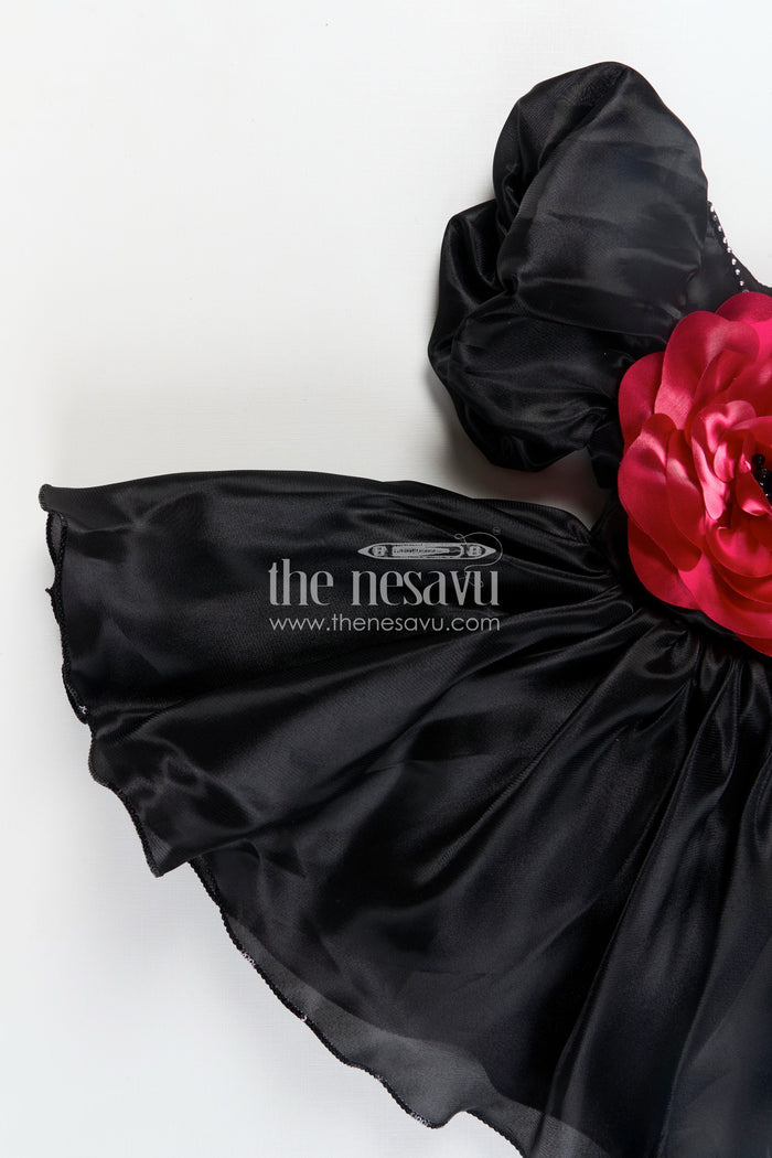 The Nesavu Girls Fancy Party Frock Girls Black Satin frock ke design new with Puffy Sleeves and Red Floral Accent for Stylish Comfort Nesavu Nesavu Girls Black Satin Puff Sleeve Dress Red Flower Detail frock ke design new Style
