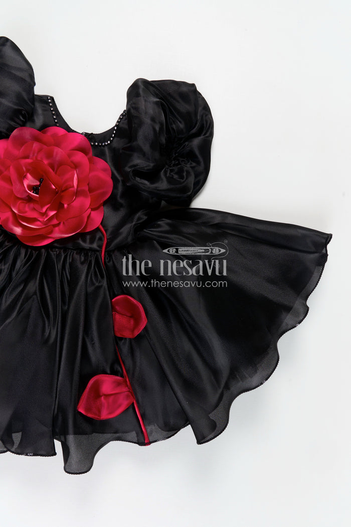 The Nesavu Girls Fancy Party Frock Girls Black Satin frock ke design new with Puffy Sleeves and Red Floral Accent for Stylish Comfort Nesavu Nesavu Girls Black Satin Puff Sleeve Dress Red Flower Detail frock ke design new Style