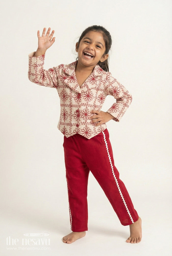 The Nesavu Girls Casual Set Girls Blazer Set for Birthday Parties and School Day Events Nesavu 18 (2Y) / Maroon GPS725B-18 Nesavu girls floral embroidered blazer set school events festive birthdays