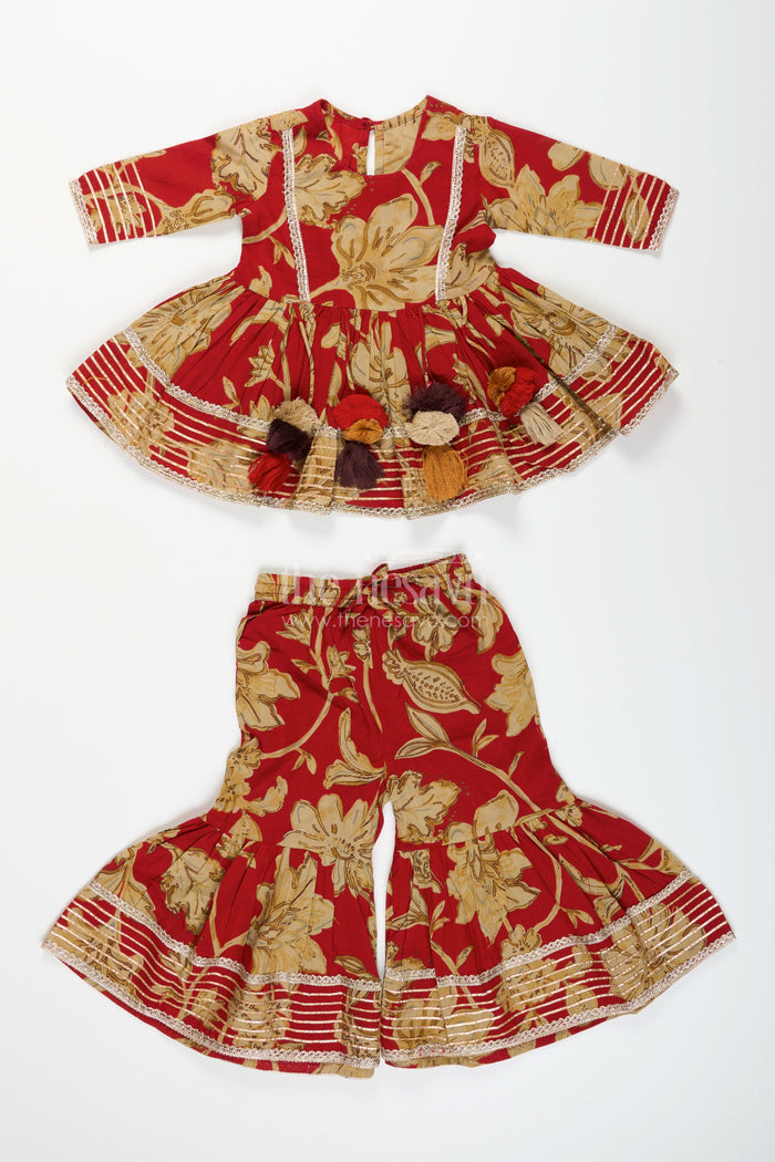 The Nesavu Girls Sharara / Plazo Set Girls block printed plazo set with festive tassel kurti Nesavu Nesavu girls block printed plazo set tassels  ethnic outfit weddings festive events