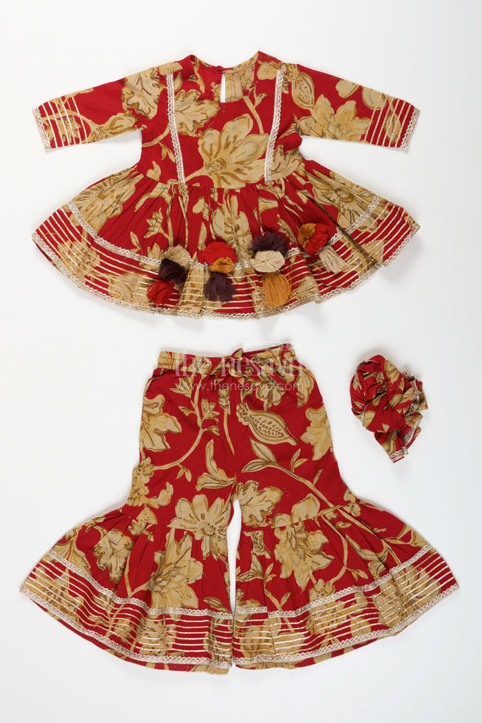 The Nesavu Girls Sharara / Plazo Set Girls block printed plazo set with festive tassel kurti Nesavu Nesavu girls block printed plazo set tassels  ethnic outfit weddings festive events